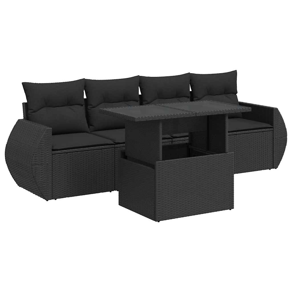 5 részes fekete polyrattan kerti kanapészett párnákkal