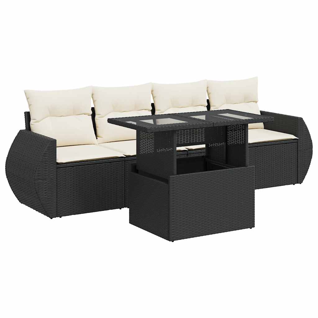 5 részes fekete polyrattan kerti kanapészett párnákkal