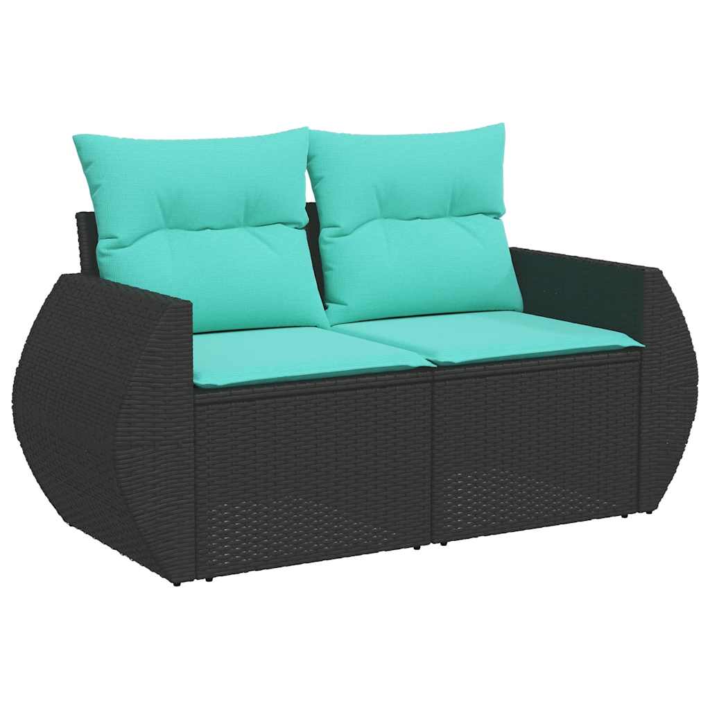 5 részes fekete polyrattan akácfa kerti kanapészett párnákkal