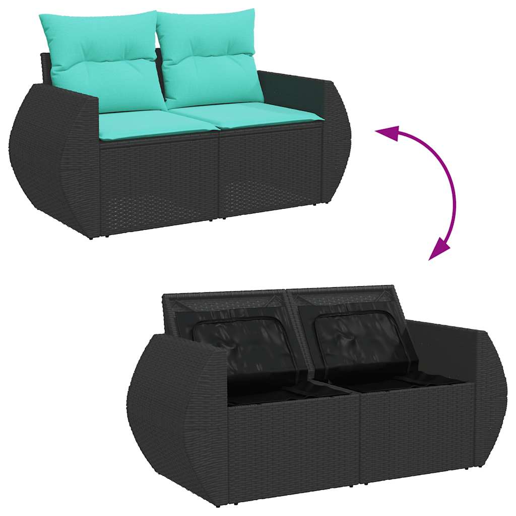 5 részes fekete polyrattan akácfa kerti kanapészett párnákkal
