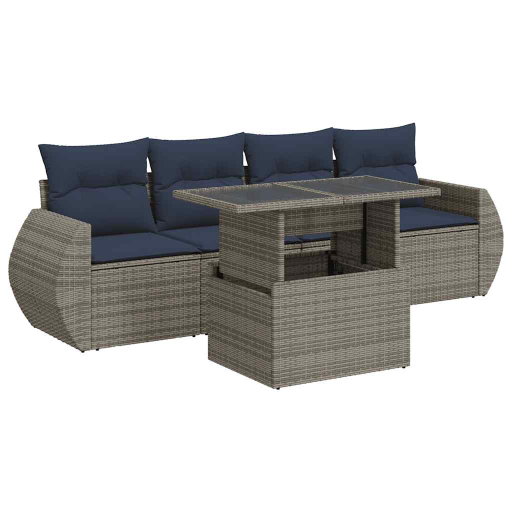 5 részes szürke polyrattan akácfa kerti ülőgarnitúra párnákkal