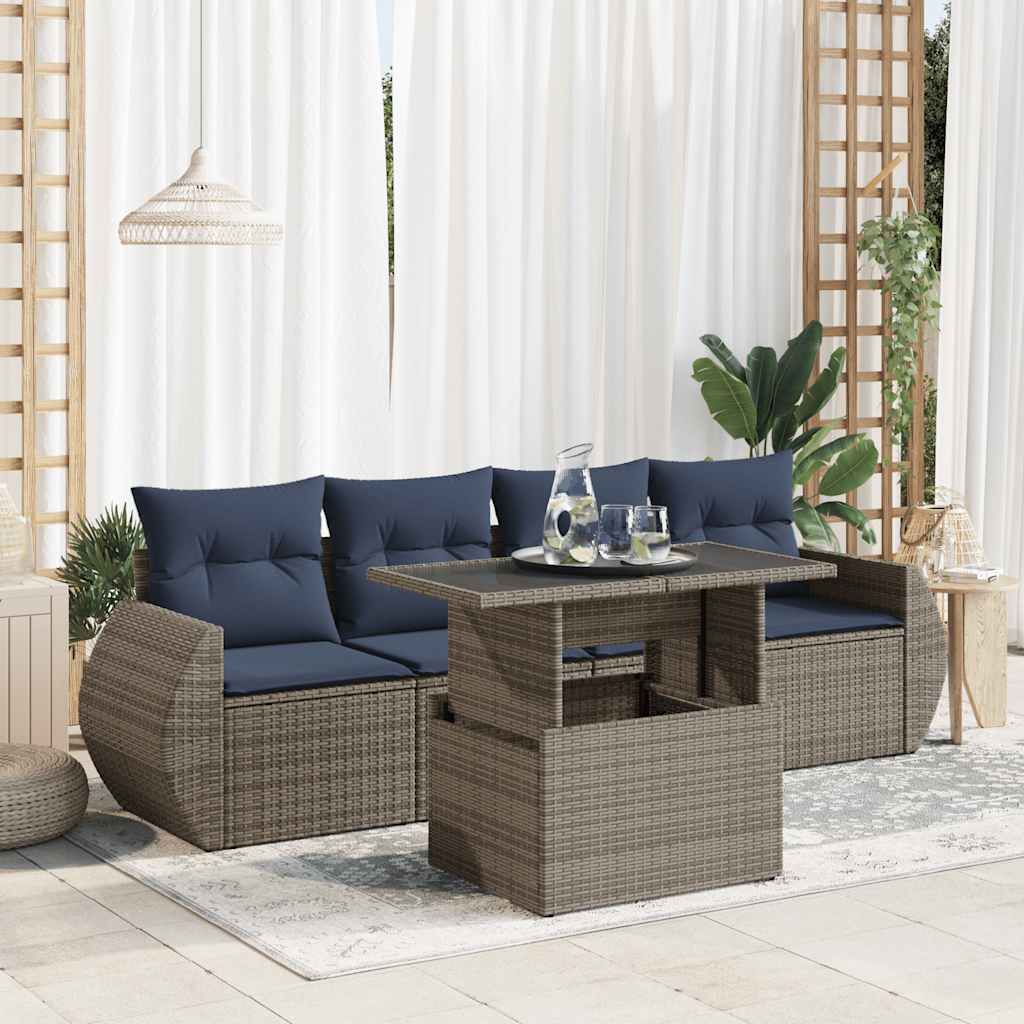 5 részes szürke polyrattan akácfa kerti ülőgarnitúra párnákkal