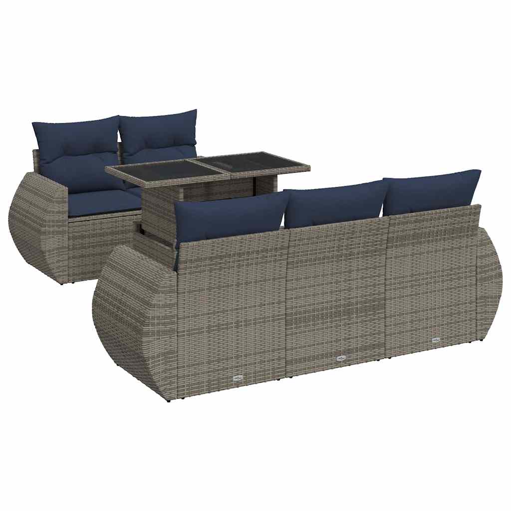6 részes szürke polyrattan akácfa kerti ülőgarnitúra párnákkal