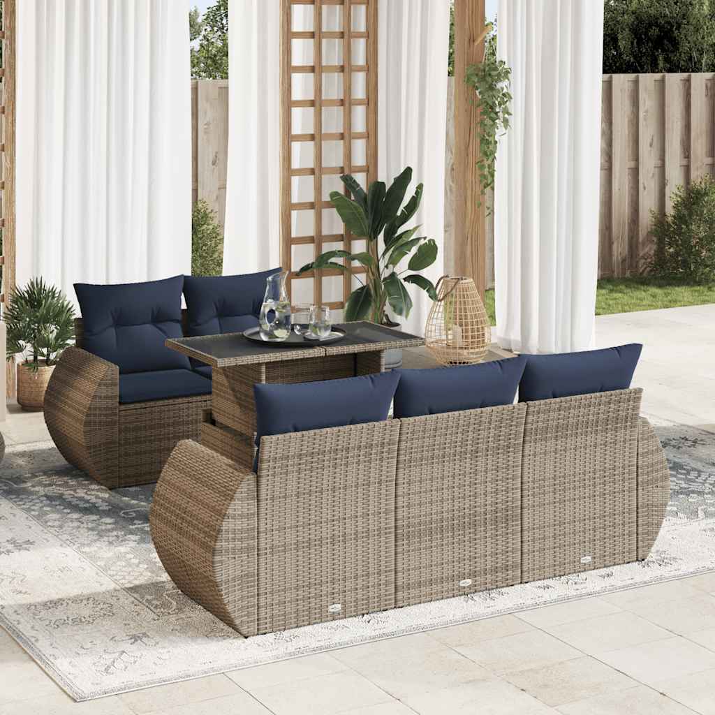 6 részes szürke polyrattan akácfa kerti ülőgarnitúra párnákkal