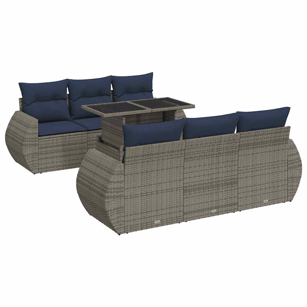 7 részes szürke polyrattan akácfa kerti ülőgarnitúra párnákkal
