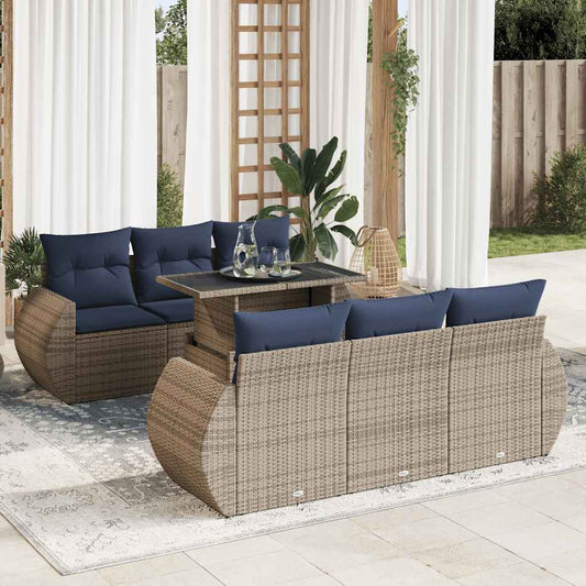 7 részes szürke polyrattan akácfa kerti ülőgarnitúra párnákkal