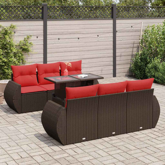 7 részes barna polyrattan akácfa kerti ülőgarnitúra párnákkal