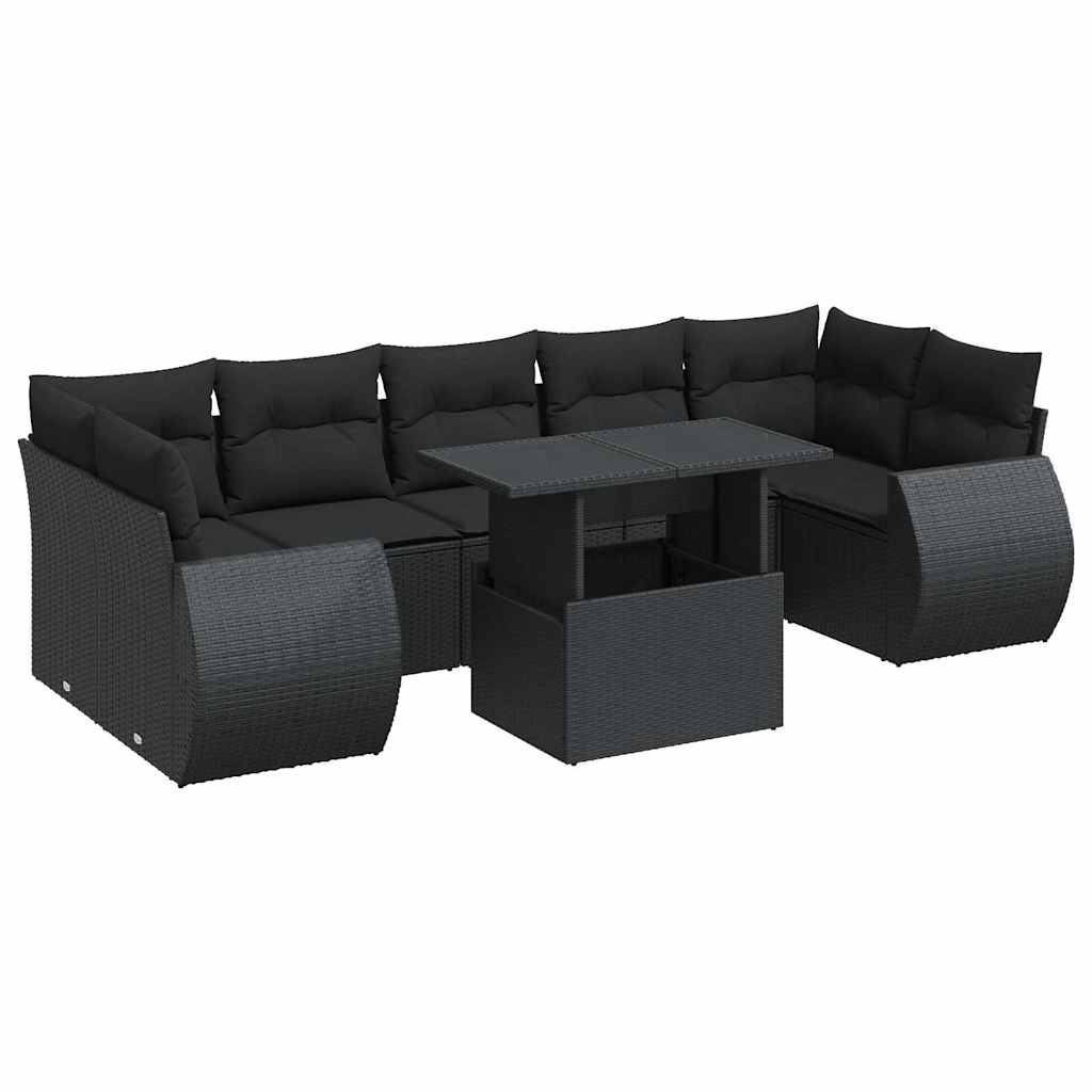 8 részes fekete polyrattan kerti ülőgarnitúra párnákkal