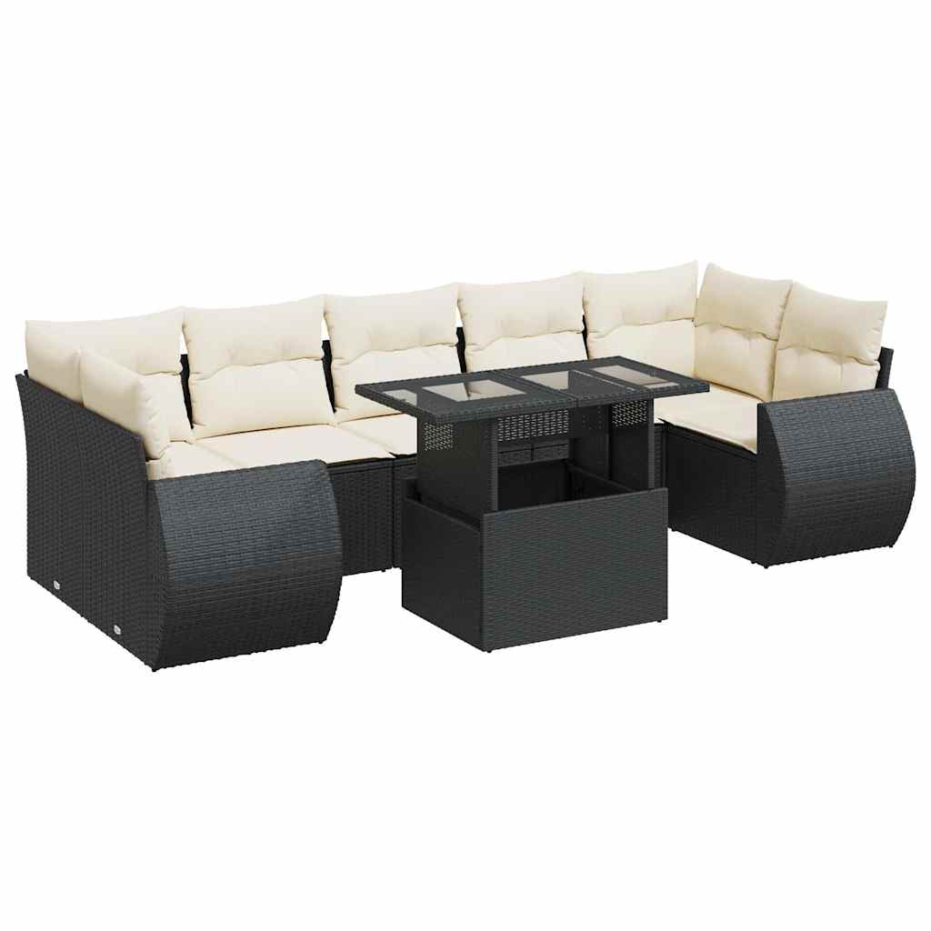 8 részes fekete polyrattan kerti ülőgarnitúra párnákkal