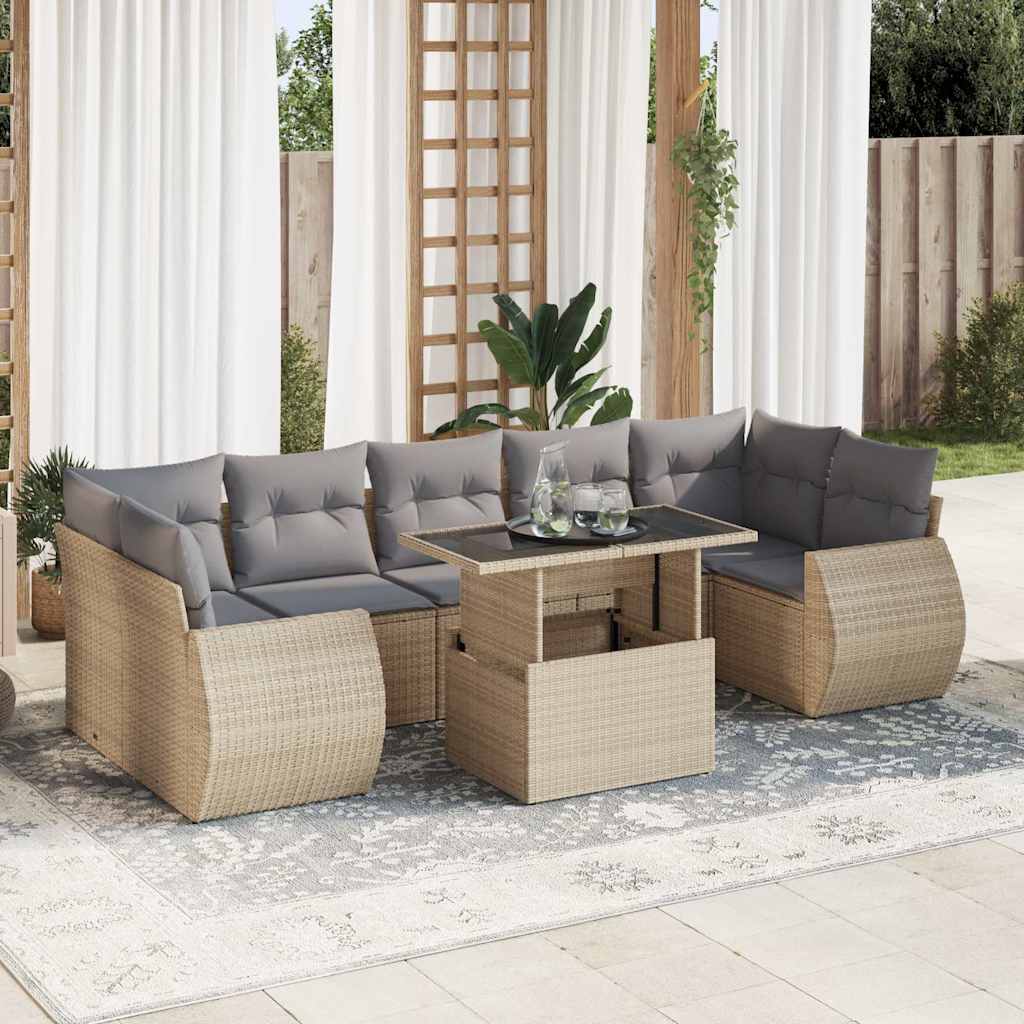 8 részes bézs polyrattan kerti ülőgarnitúra párnával