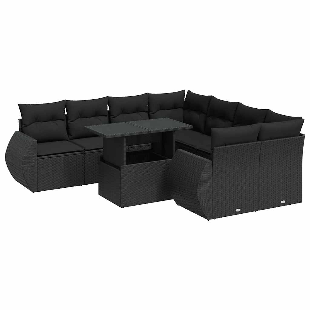 9 részes fekete polyrattan kerti ülőgarnitúra párnákkal