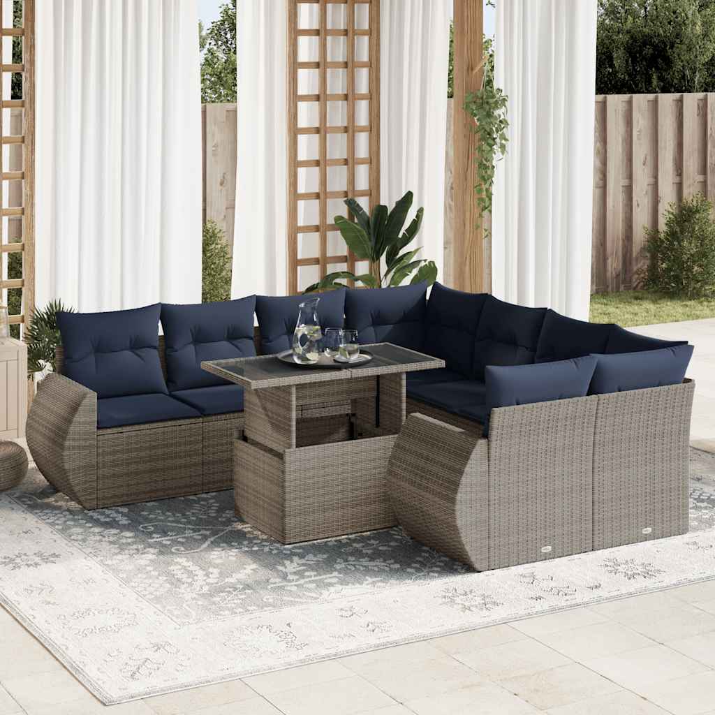 9 részes szürke polyrattan akácfa kerti ülőgarnitúra párnákkal