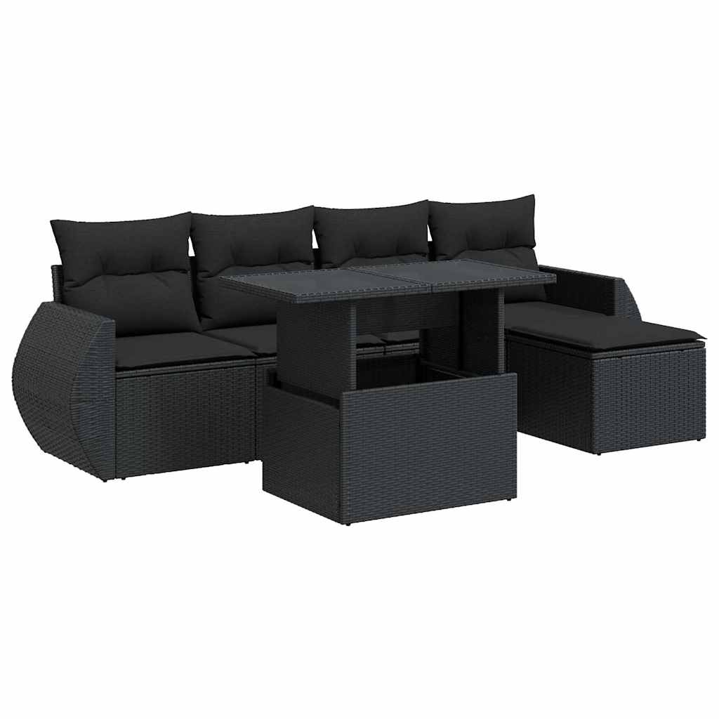 6 részes fekete polyrattan kerti ülőgarnitúra párnákkal