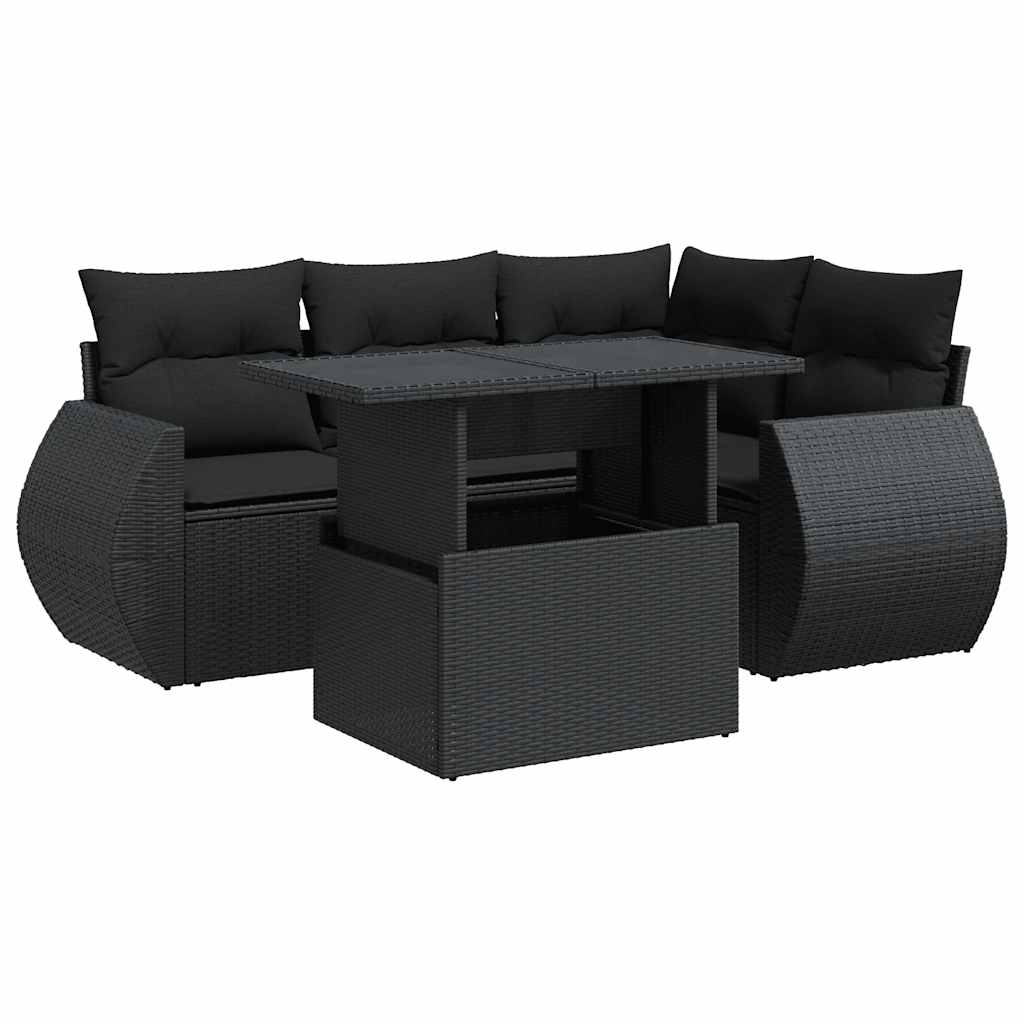 5 részes fekete polyrattan kerti kanapészett párnákkal