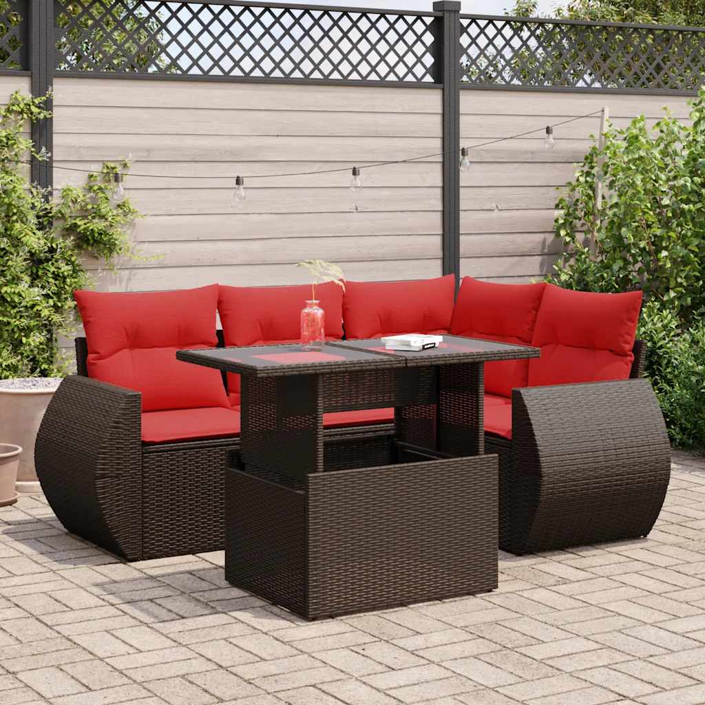 5 részes barna polyrattan akácfa kerti ülőgarnitúra párnával