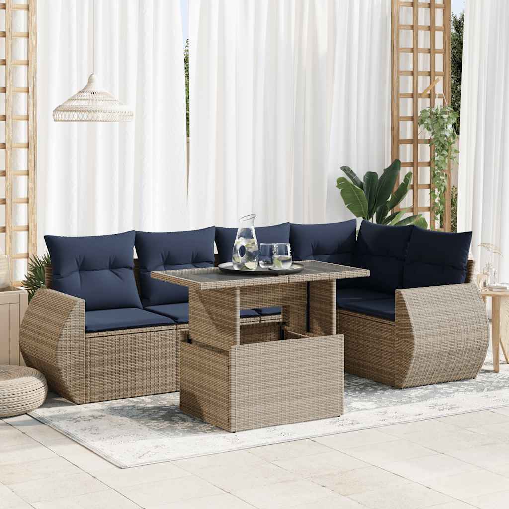 6 részes szürke polyrattan akácfa kerti ülőgarnitúra párnákkal