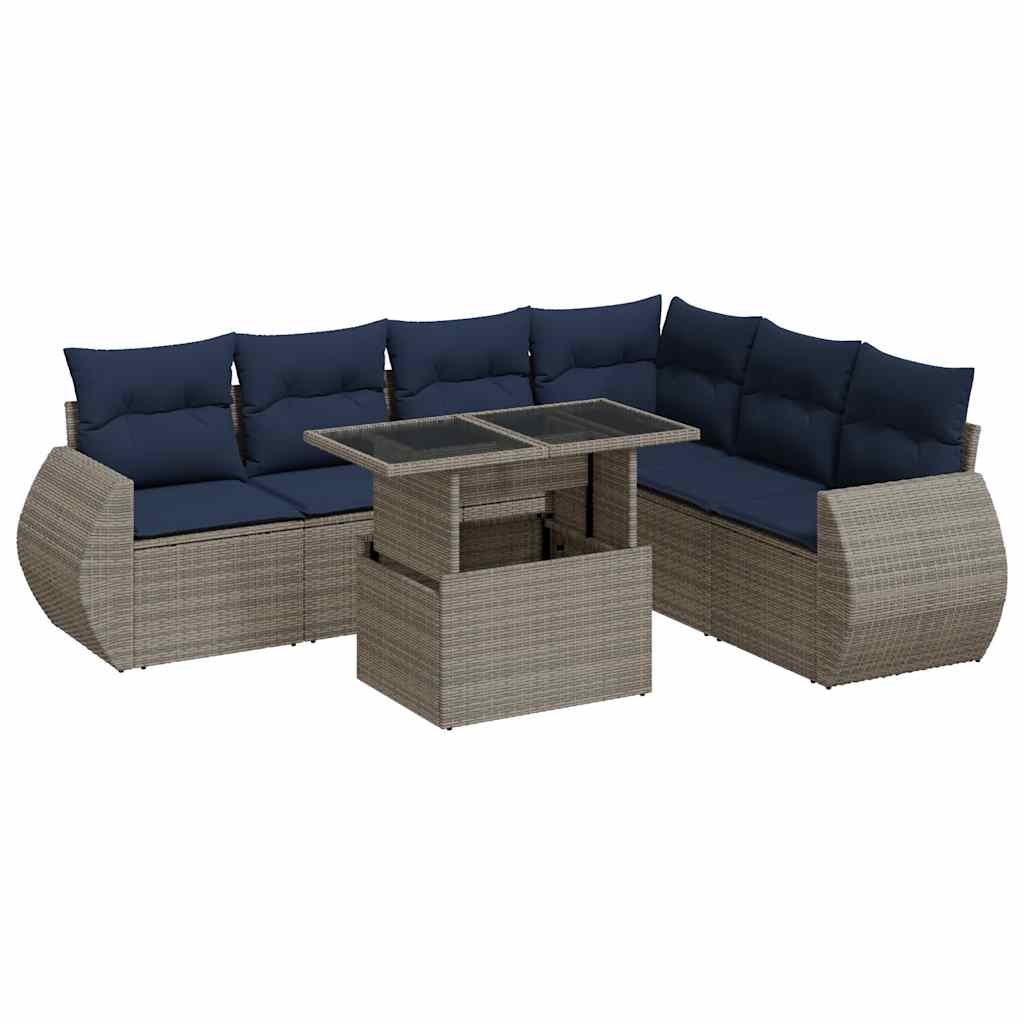 7 részes szürke polyrattan akácfa kerti ülőgarnitúra párnákkal