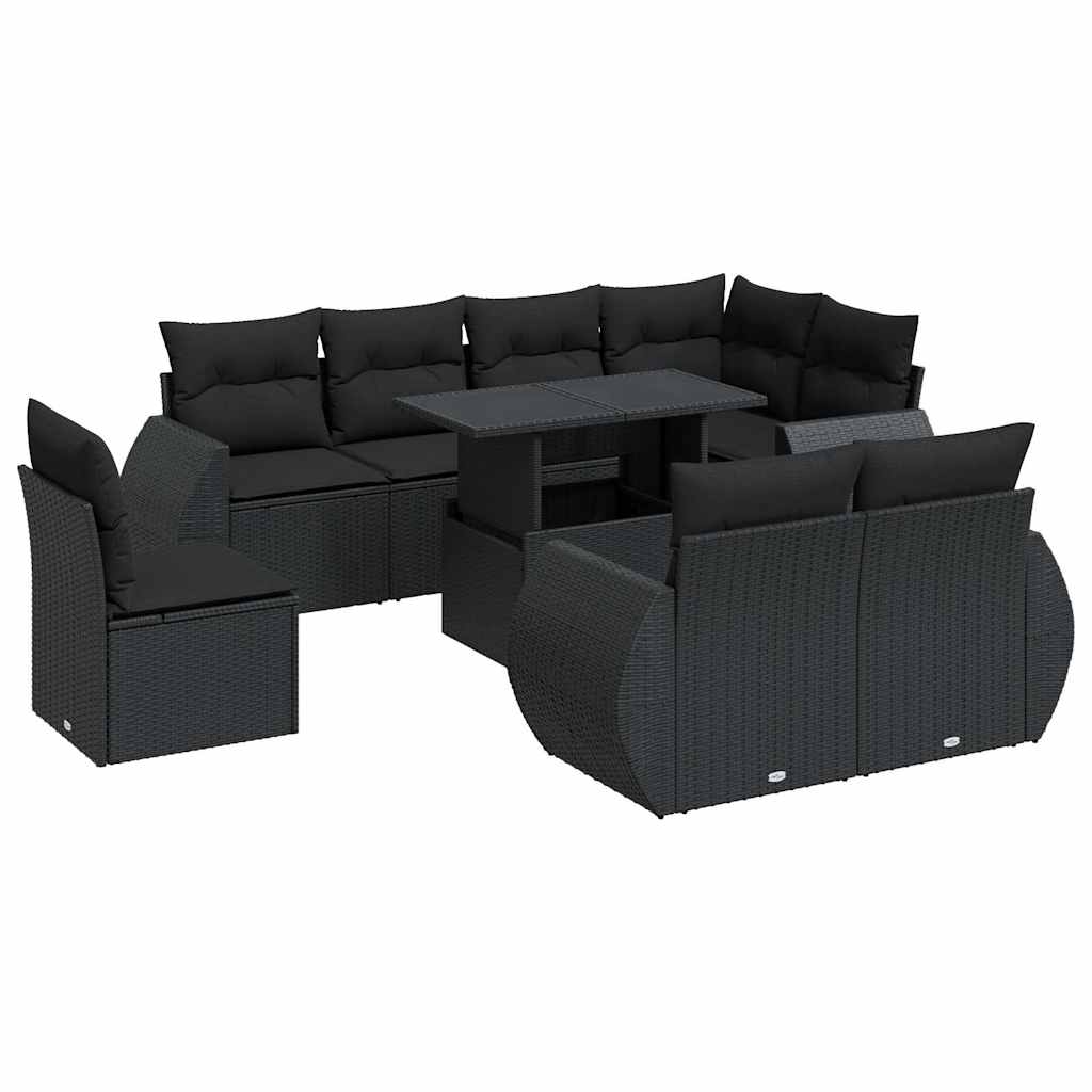 9 részes fekete polyrattan kerti ülőgarnitúra párnákkal