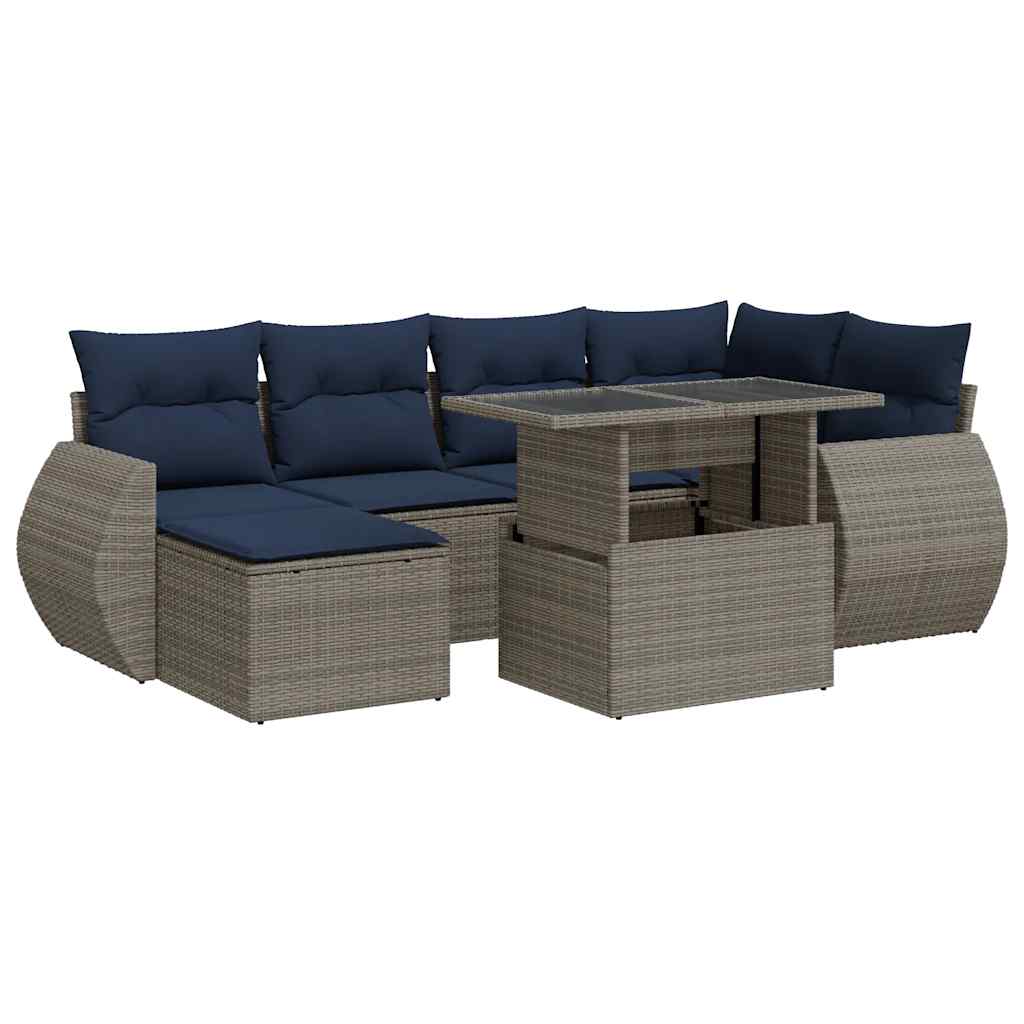 7 részes szürke polyrattan akácfa kerti ülőgarnitúra párnákkal