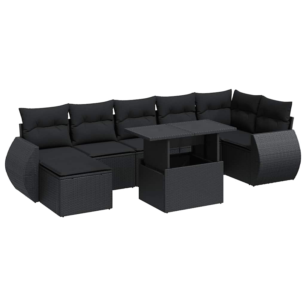8 részes fekete polyrattan kerti ülőgarnitúra párnákkal