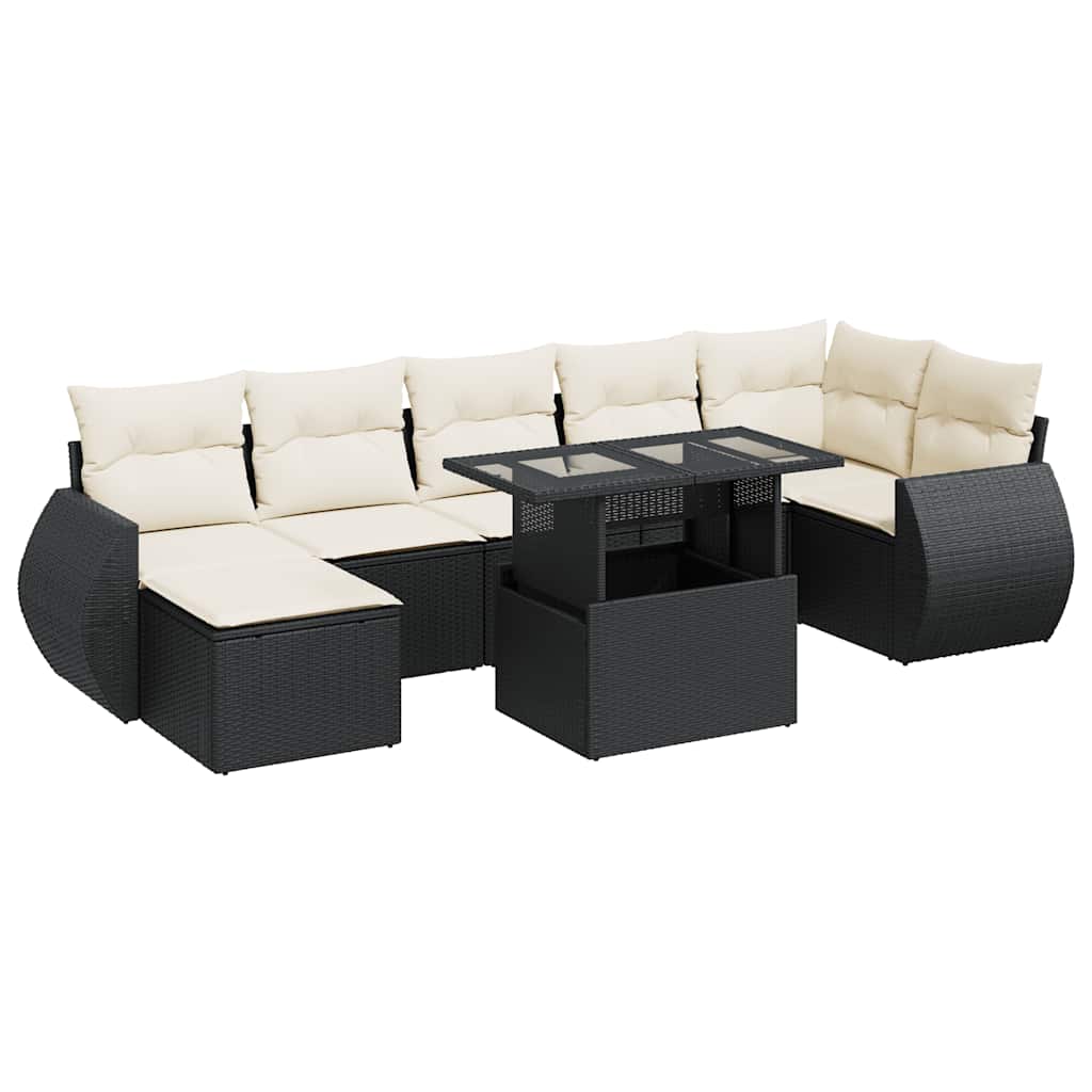 8 részes fekete polyrattan kerti ülőgarnitúra párnákkal