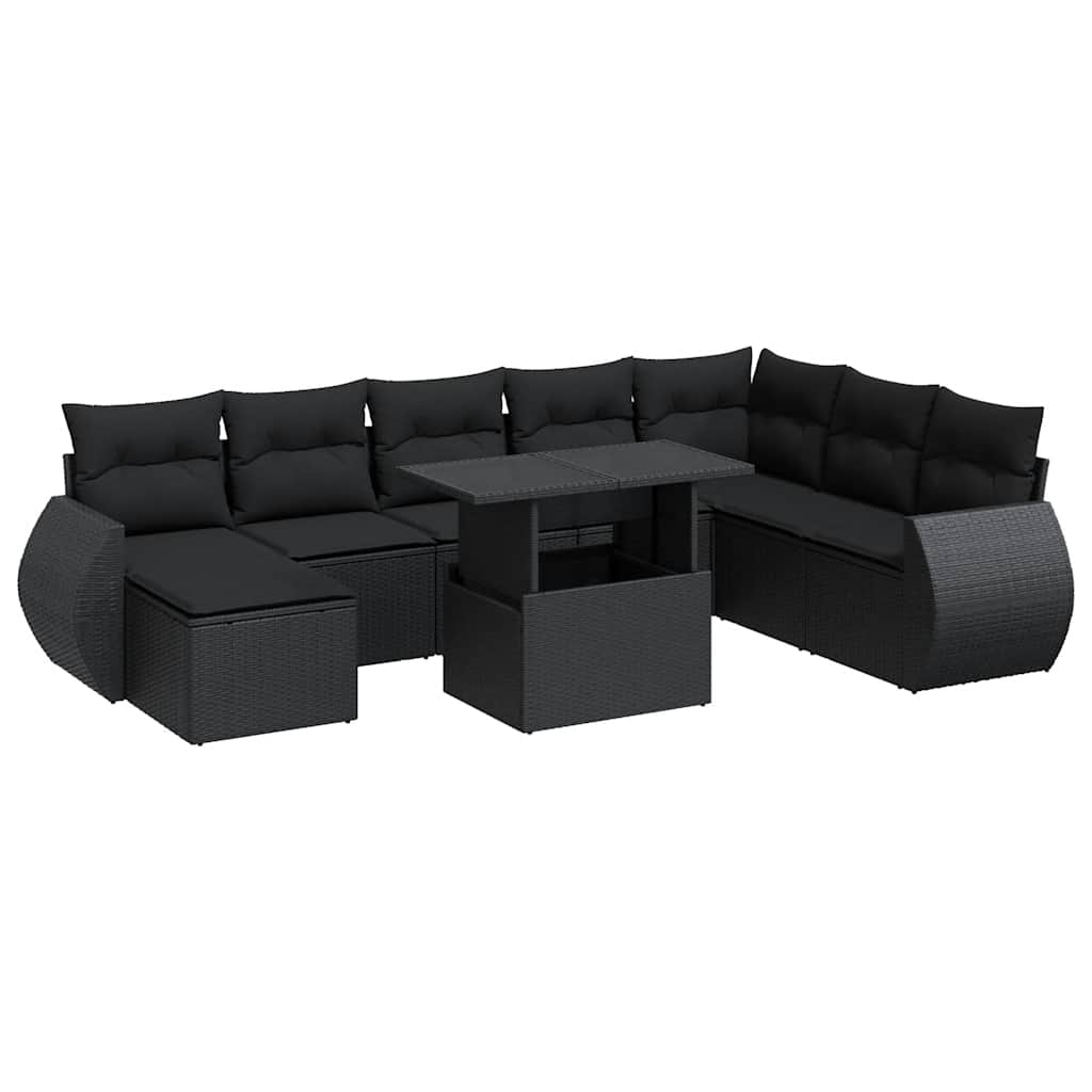 9 részes fekete polyrattan kerti ülőgarnitúra párnákkal