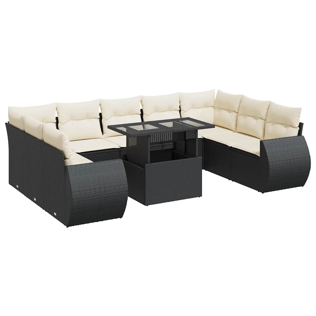 10 részes fekete polyrattan kerti ülőgarnitúra párnákkal