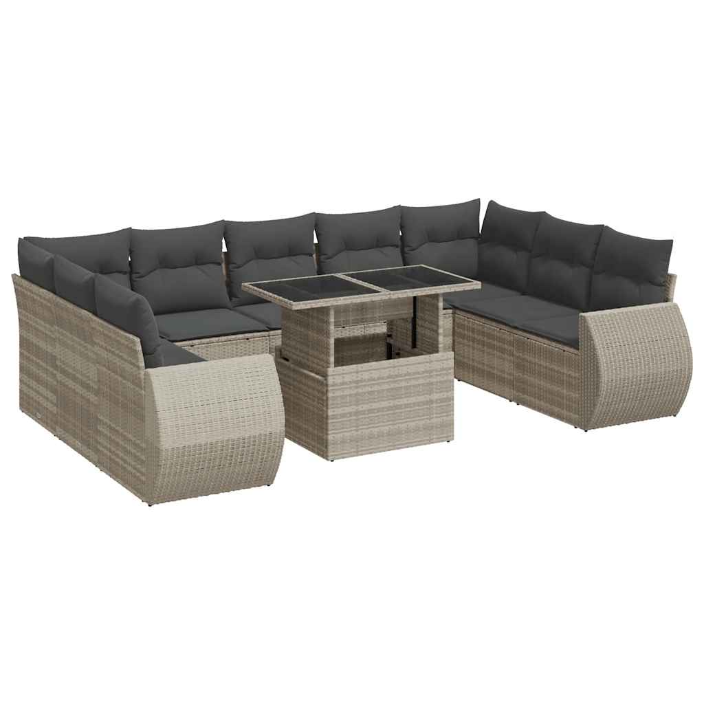 10 részes világosszürke polyrattan kerti ülőgarnitúra párnákkal