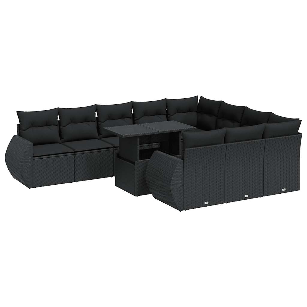 11 részes fekete polyrattan kerti ülőgarnitúra párnákkal
