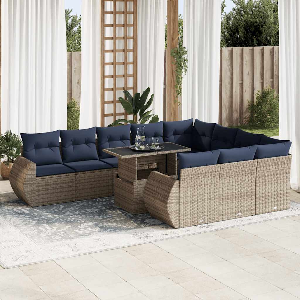 11 részes szürke polyrattan akácfa kerti ülőgarnitúra párnákkal