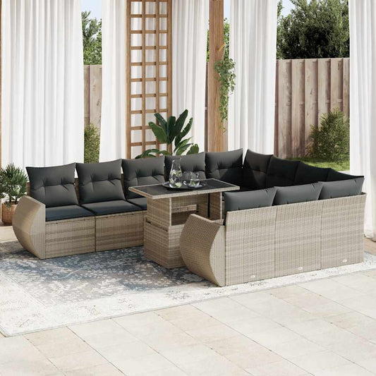 11 részes világosszürke polyrattan kerti ülőgarnitúra párnákkal