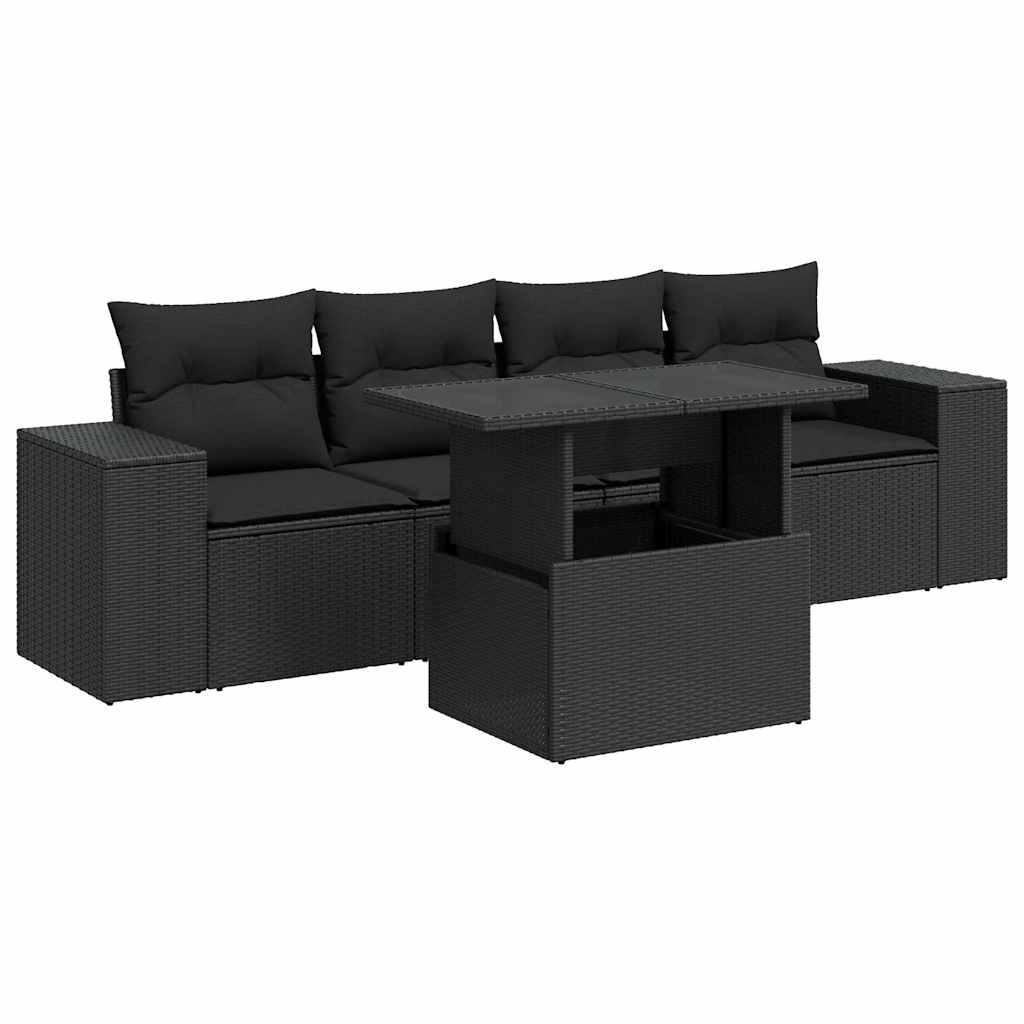 5 részes fekete polyrattan kerti kanapészett párnákkal