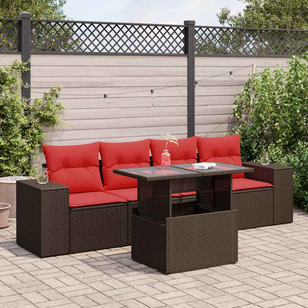 5 részes barna polyrattan akácfa kerti ülőgarnitúra párnával