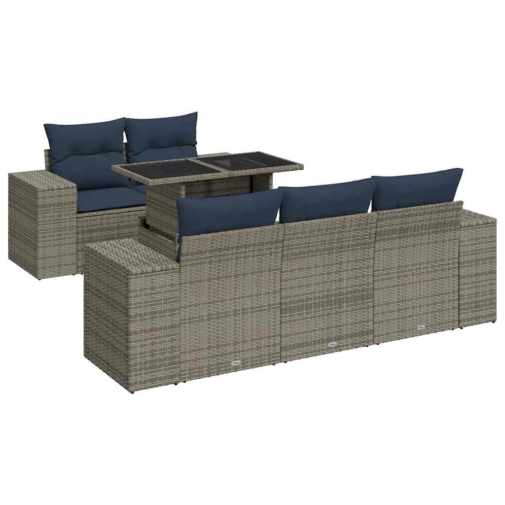 6 részes szürke polyrattan akácfa kerti ülőgarnitúra párnákkal