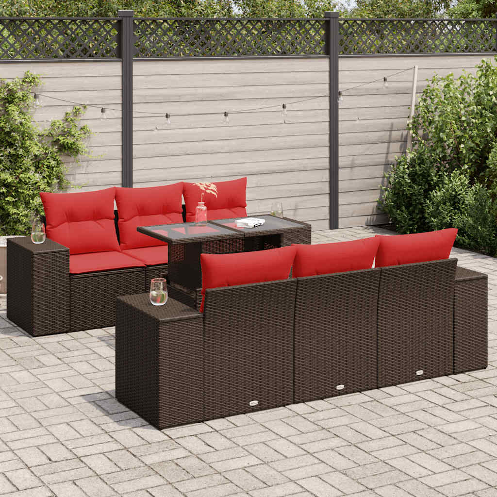 7 részes barna polyrattan akácfa kerti ülőgarnitúra párnákkal