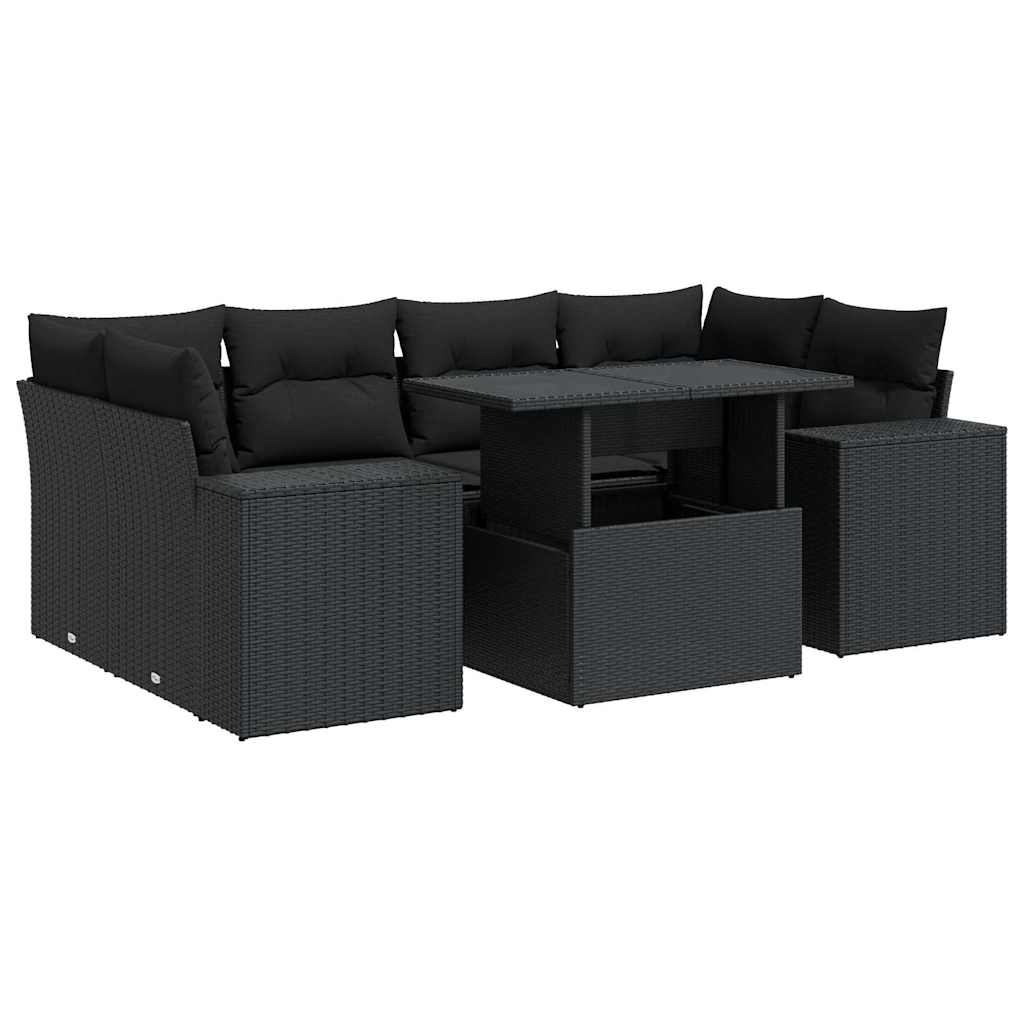 7 részes fekete polyrattan kerti ülőgarnitúra párnával