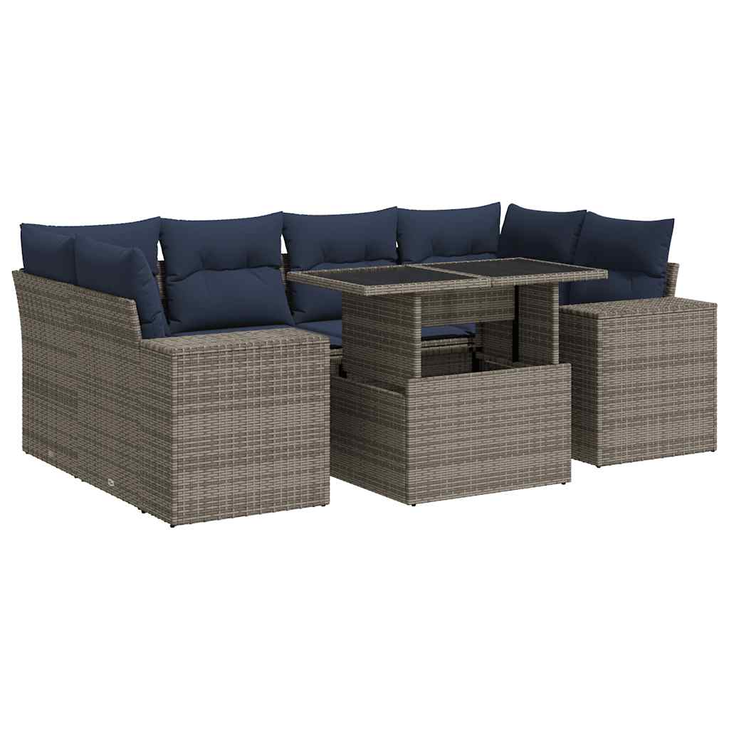 7 részes szürke polyrattan akácfa kerti ülőgarnitúra párnákkal