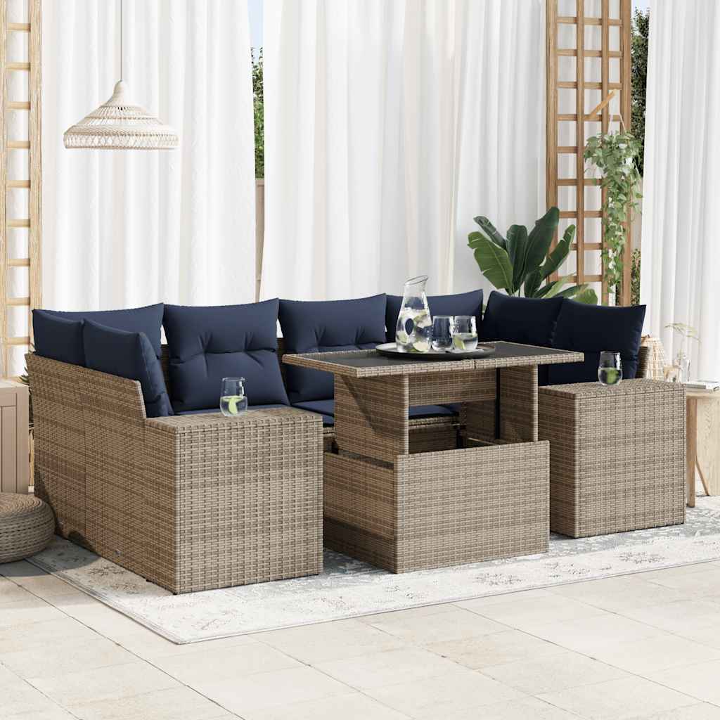 7 részes szürke polyrattan akácfa kerti ülőgarnitúra párnákkal