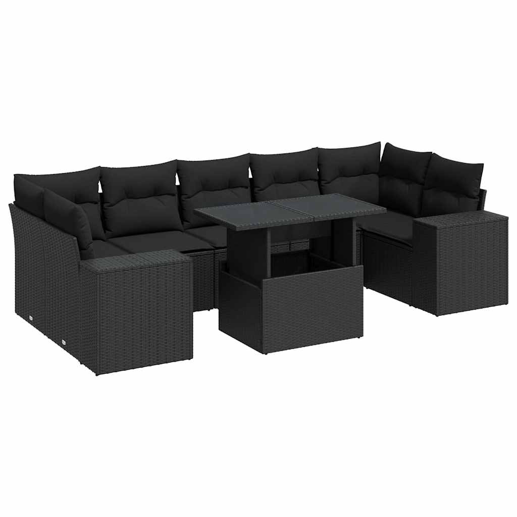 8 részes fekete polyrattan kerti ülőgarnitúra párnákkal