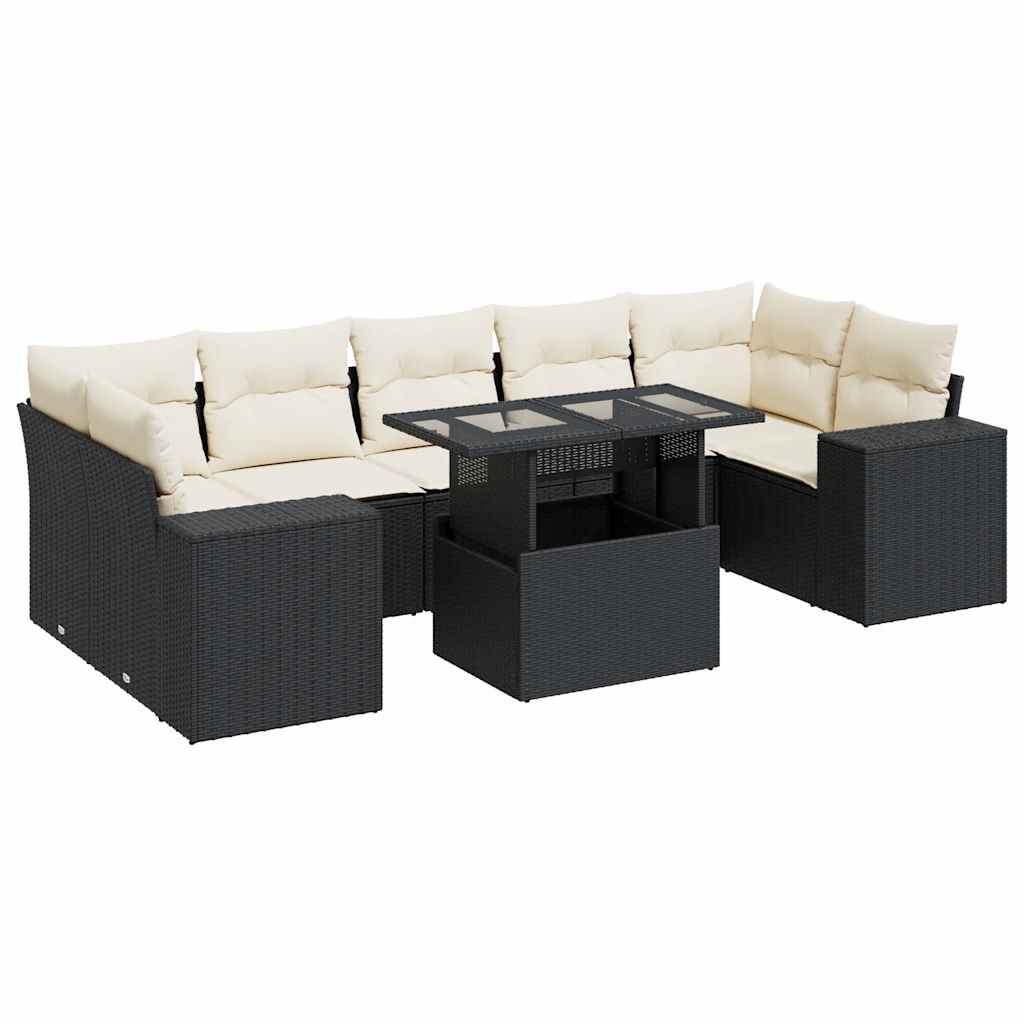 8 részes fekete polyrattan kerti ülőgarnitúra párnákkal