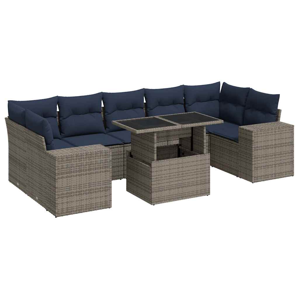 8 részes szürke polyrattan akácfa kerti ülőgarnitúra párnákkal