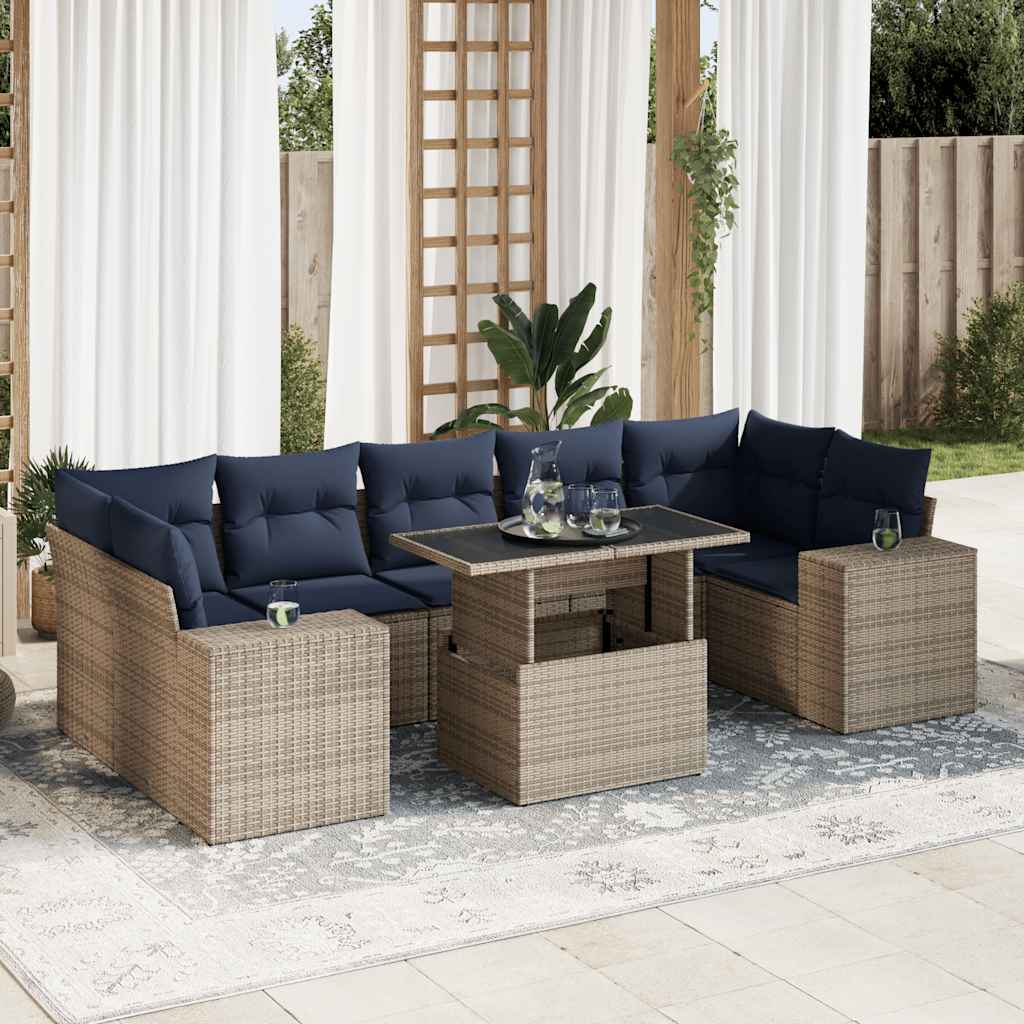 8 részes szürke polyrattan akácfa kerti ülőgarnitúra párnákkal