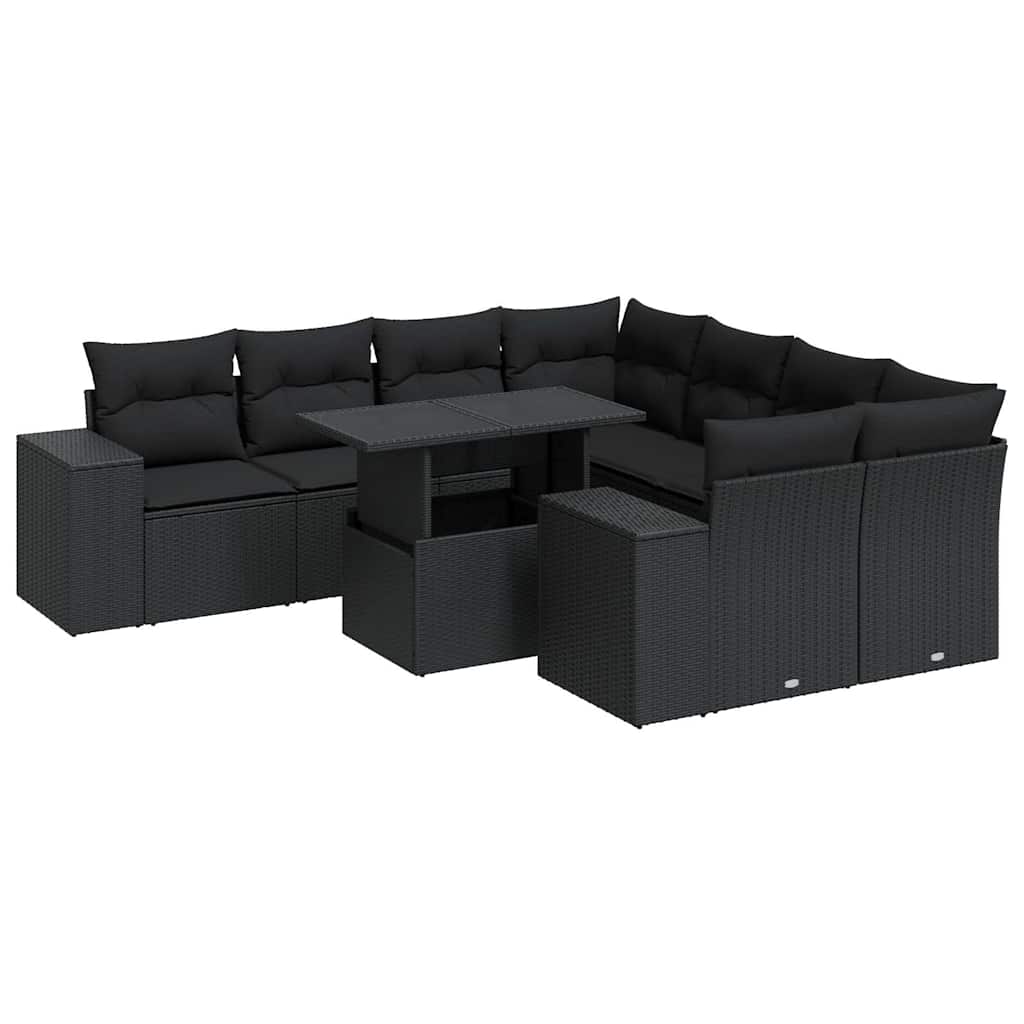 9 részes fekete polyrattan kerti ülőgarnitúra párnákkal