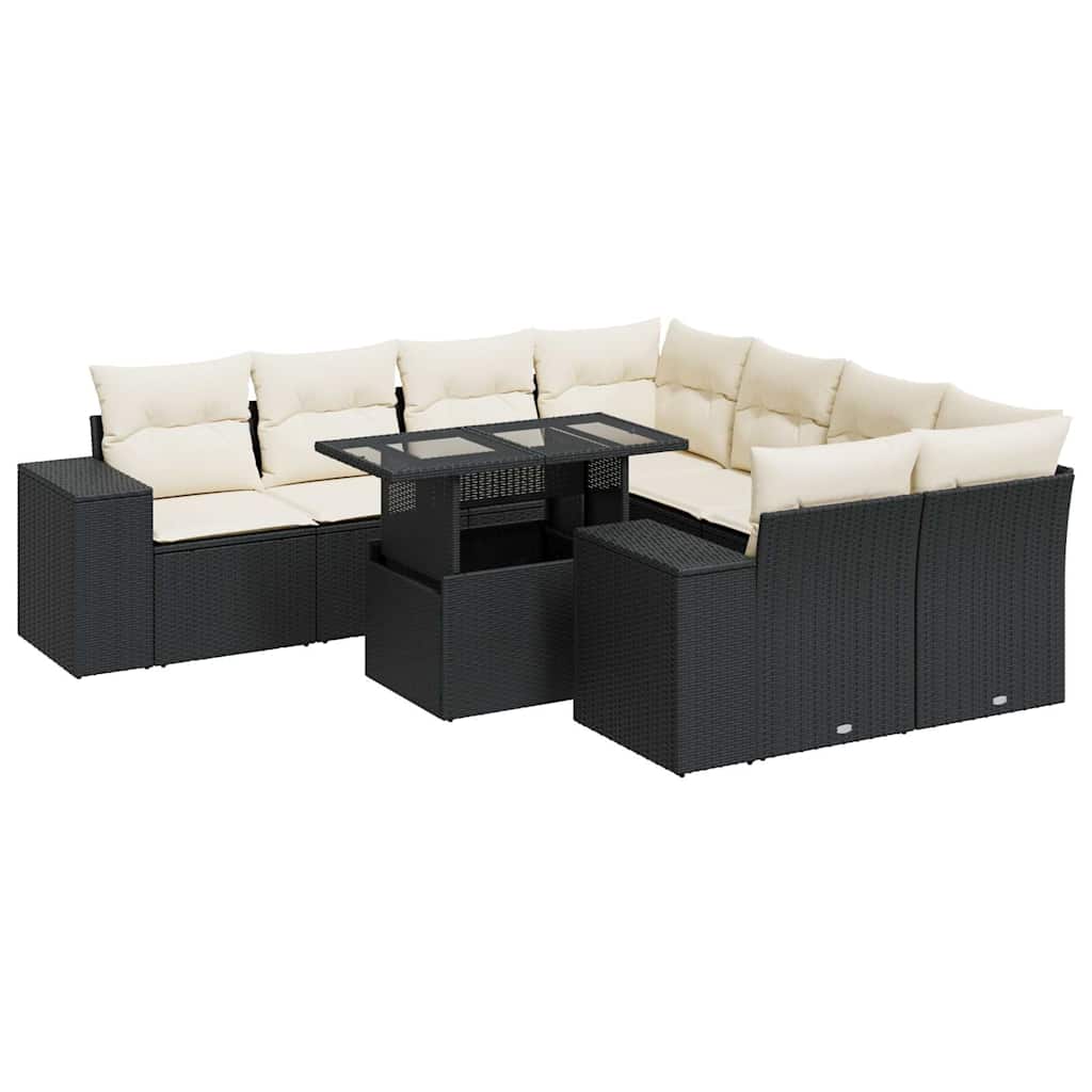 9 részes fekete polyrattan kerti ülőgarnitúra párnákkal