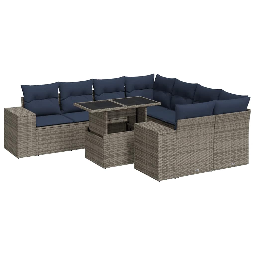 9 részes szürke polyrattan akácfa kerti ülőgarnitúra párnákkal