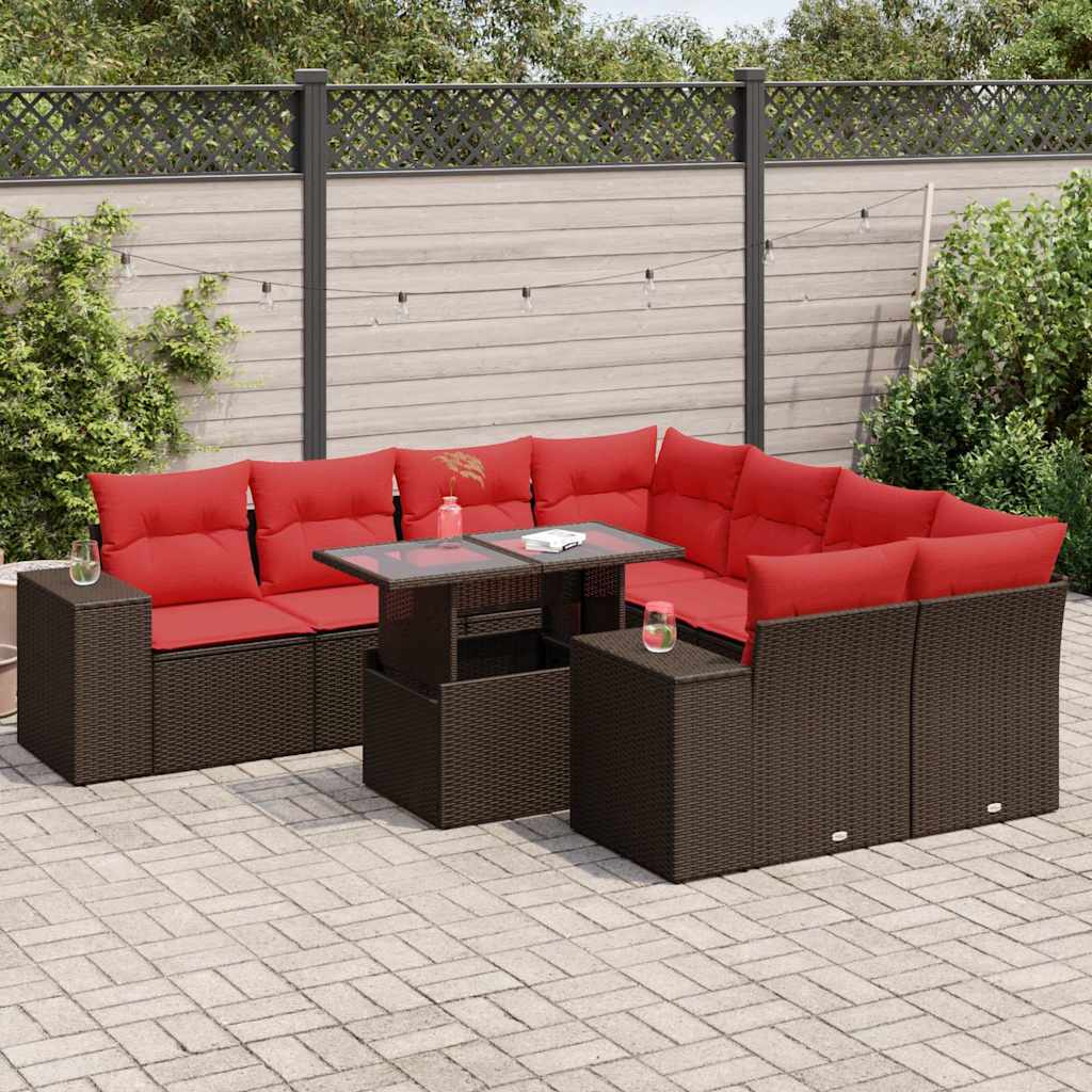 9 részes barna polyrattan akácfa kerti ülőgarnitúra párnákkal