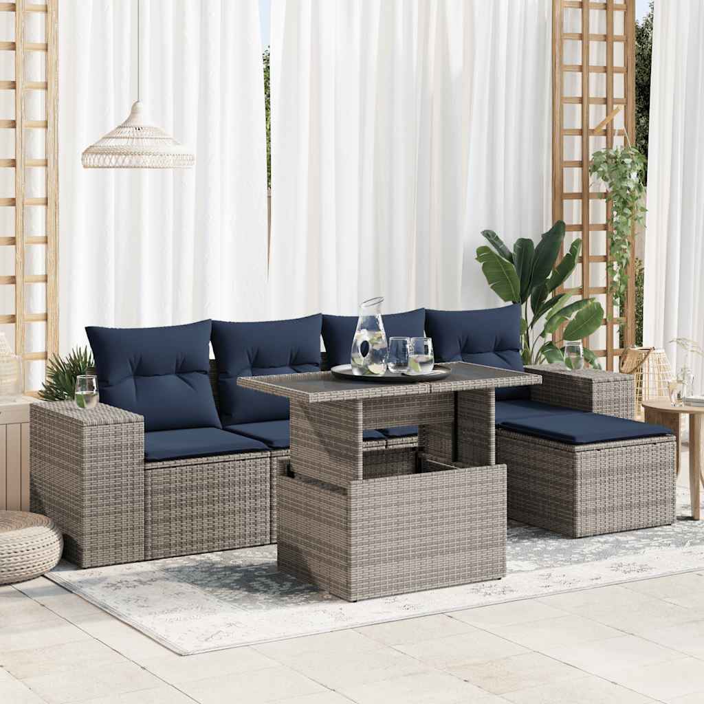 6 részes szürke polyrattan akácfa kerti ülőgarnitúra párnákkal
