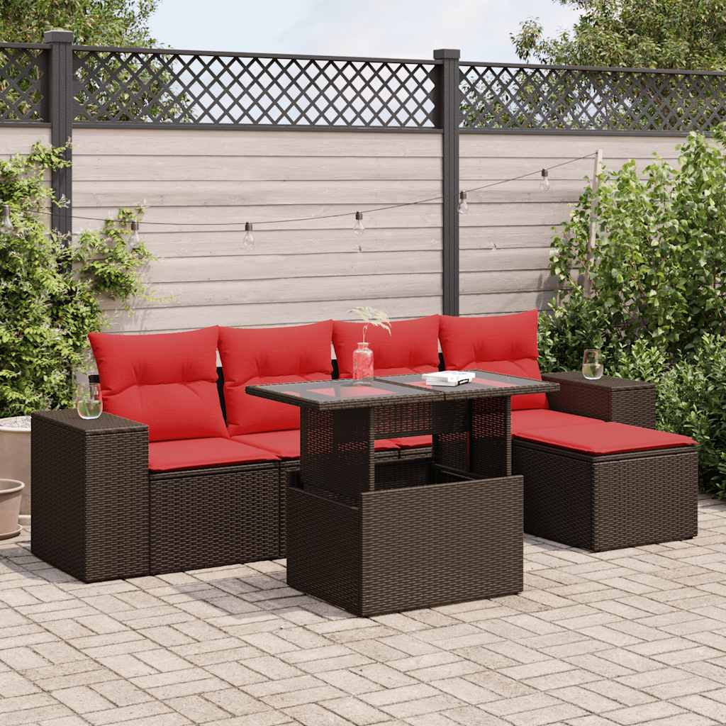 6 részes barna polyrattan akácfa kerti ülőgarnitúra párnával