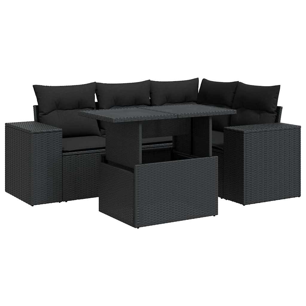 5 részes fekete polyrattan kerti kanapészett párnákkal