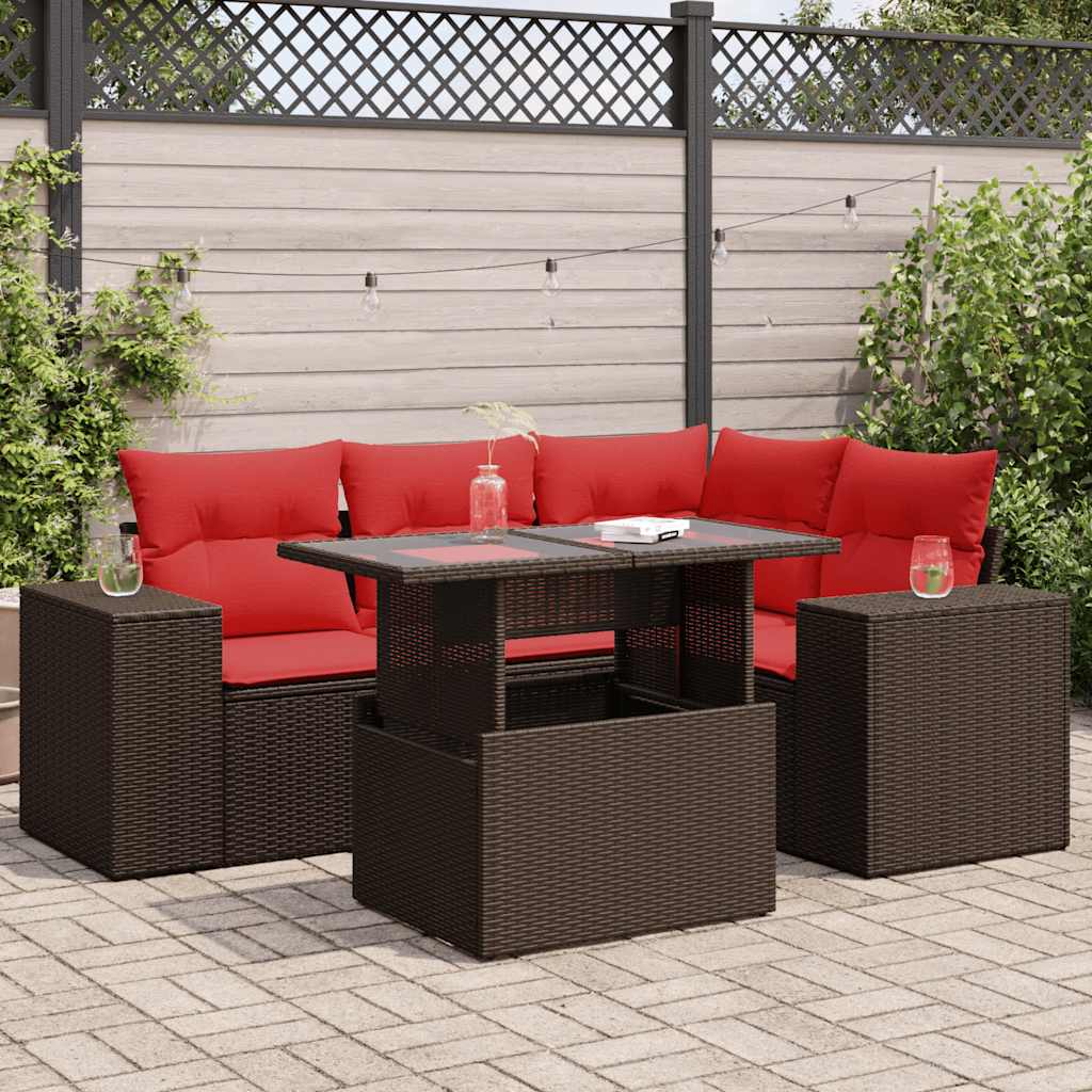 5 részes barna polyrattan akácfa kerti ülőgarnitúra párnával